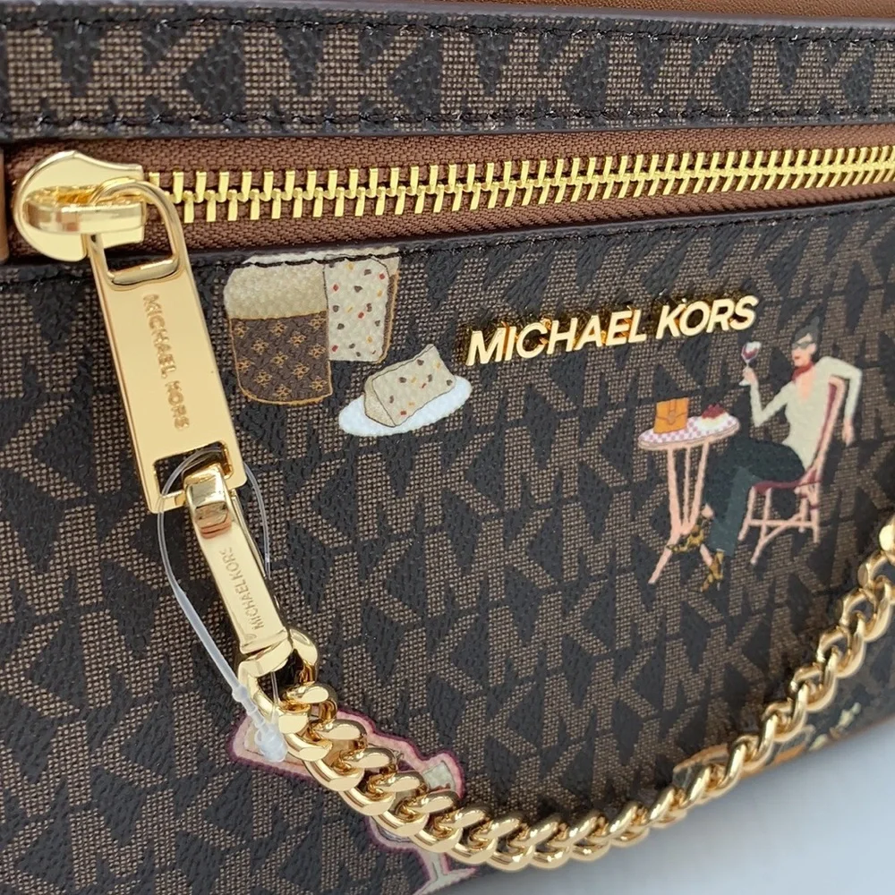 MICHAEL KORS JET SET GIRLS LARGE EAST WEST ZIP PACKED CHAIN XBODY BROWN MULTI - Picture 15 of 16